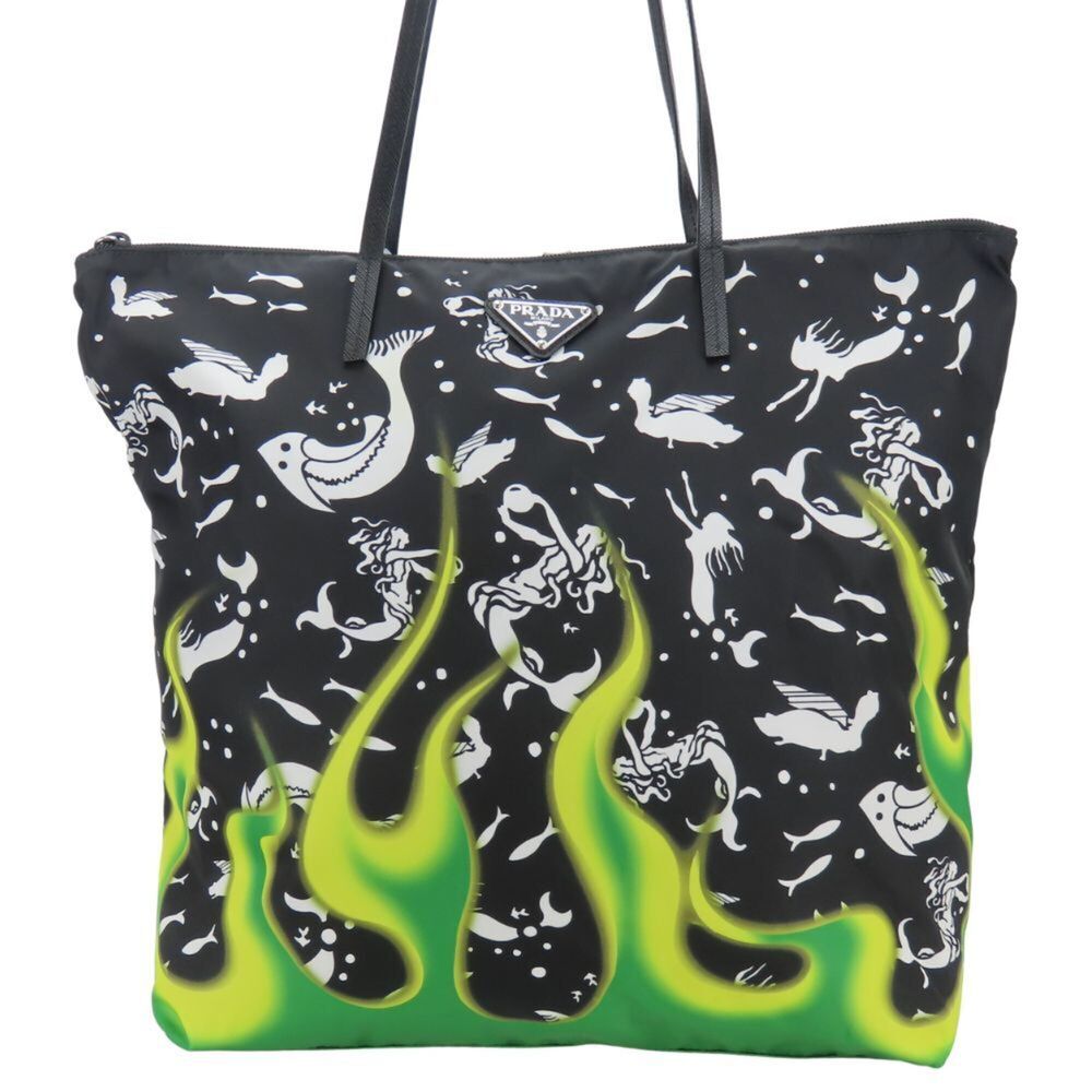 Prada Mermaid Tote Bag, Nylon and Leather, Black Green, Shoulder Fire Pattern...